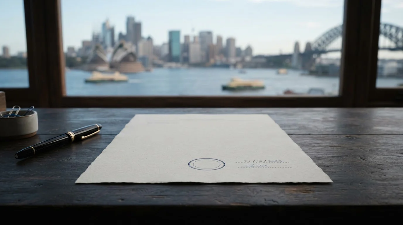 Neutral regulatory document with an official stamp beside a view of an Australian city