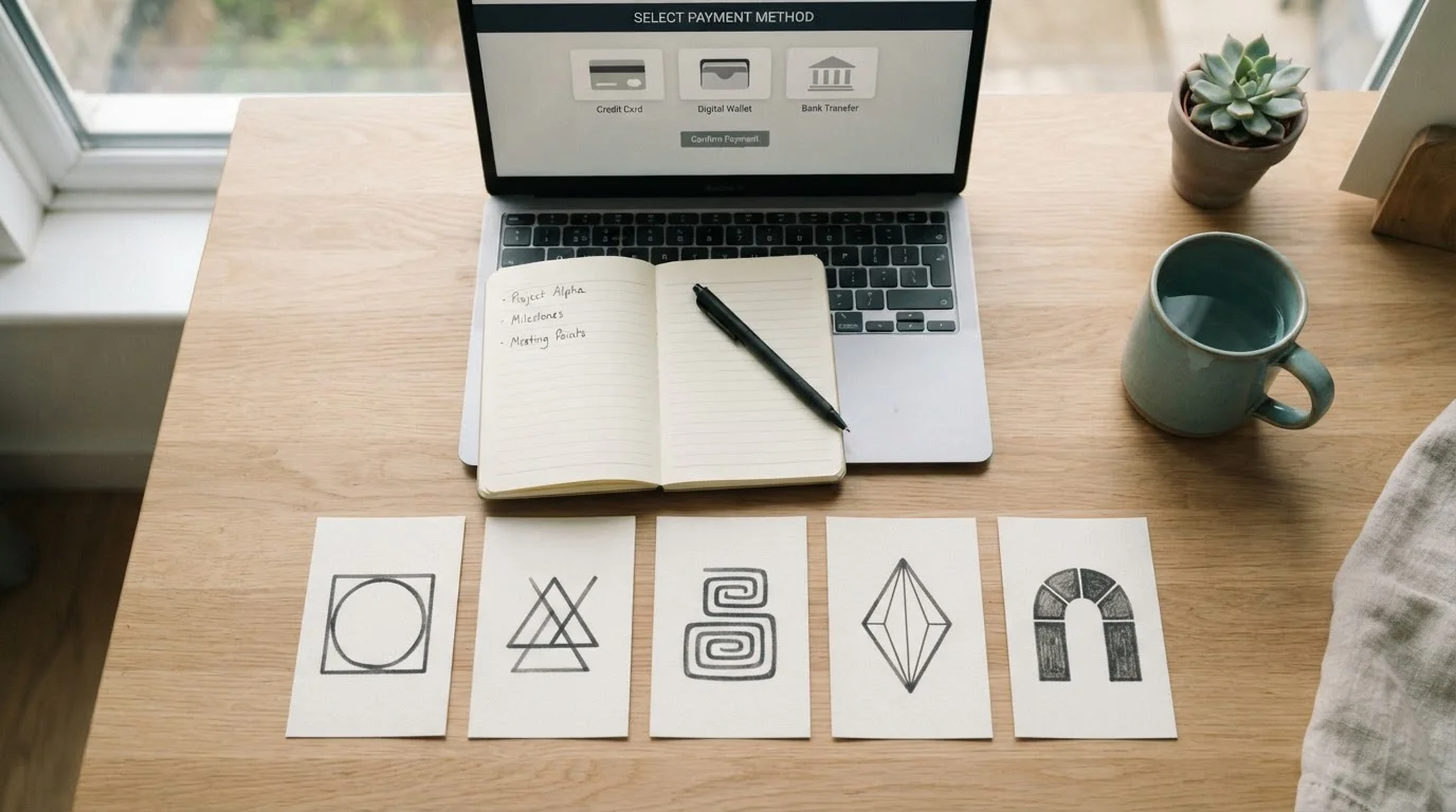 Several payment method icons arranged on a notepad next to a laptop cashier screen