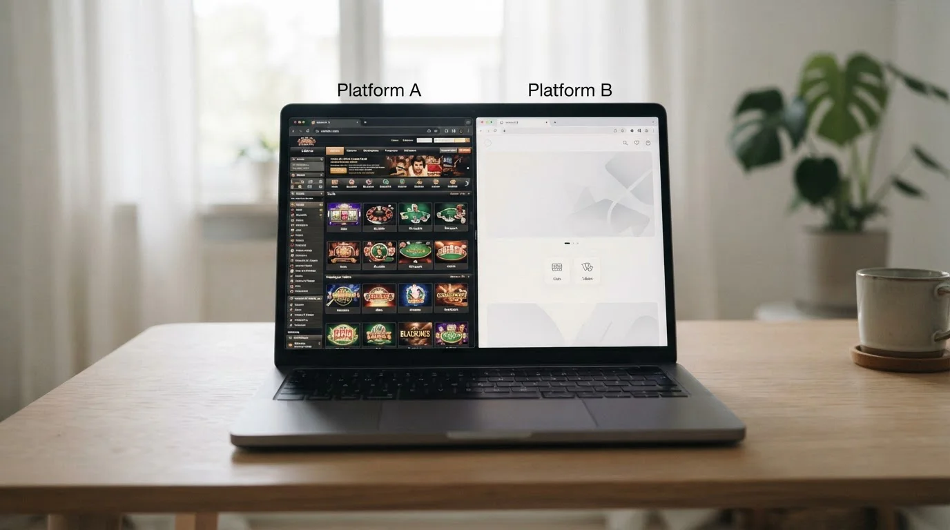 Two neutral casino browser pages side by side on a laptop, one clearly newer and sparser, soft studio lighting