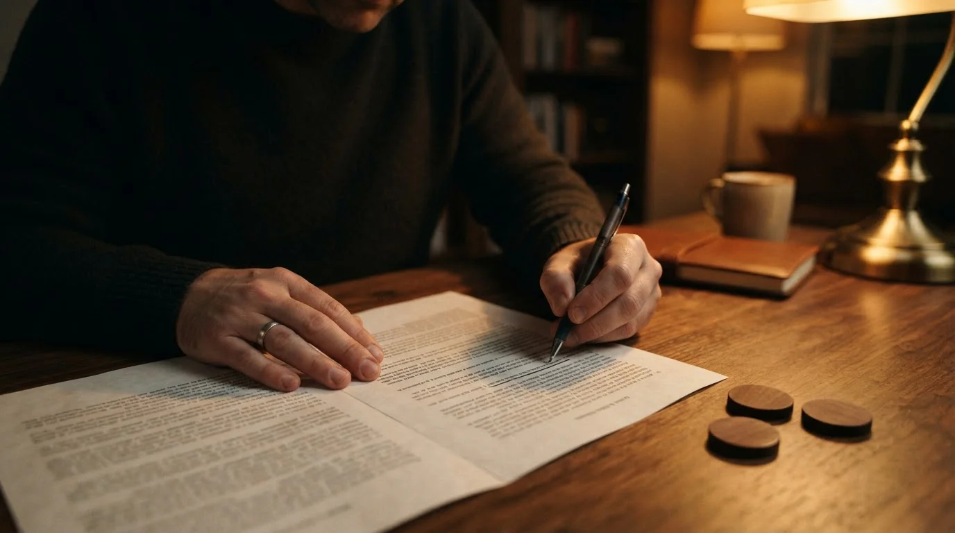 Person at a table working through bonus terms on a printed page with a pen, plain tokens beside it