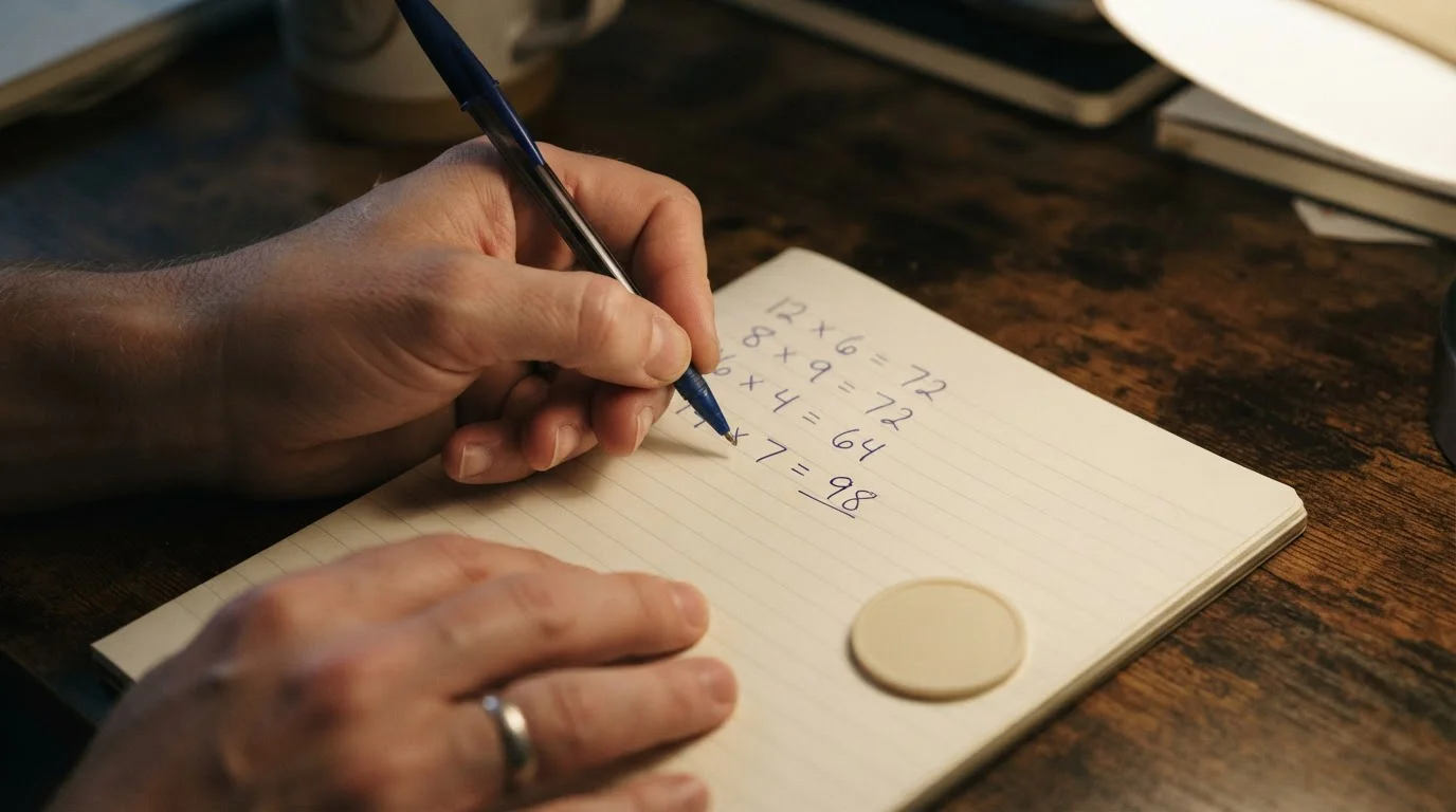 Hand writing turnover figures on a notepad next to an unbranded gaming token