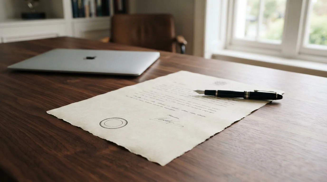 Neutral stamped legal document on a desk beside a closed laptop in daylight, no crest or emblem