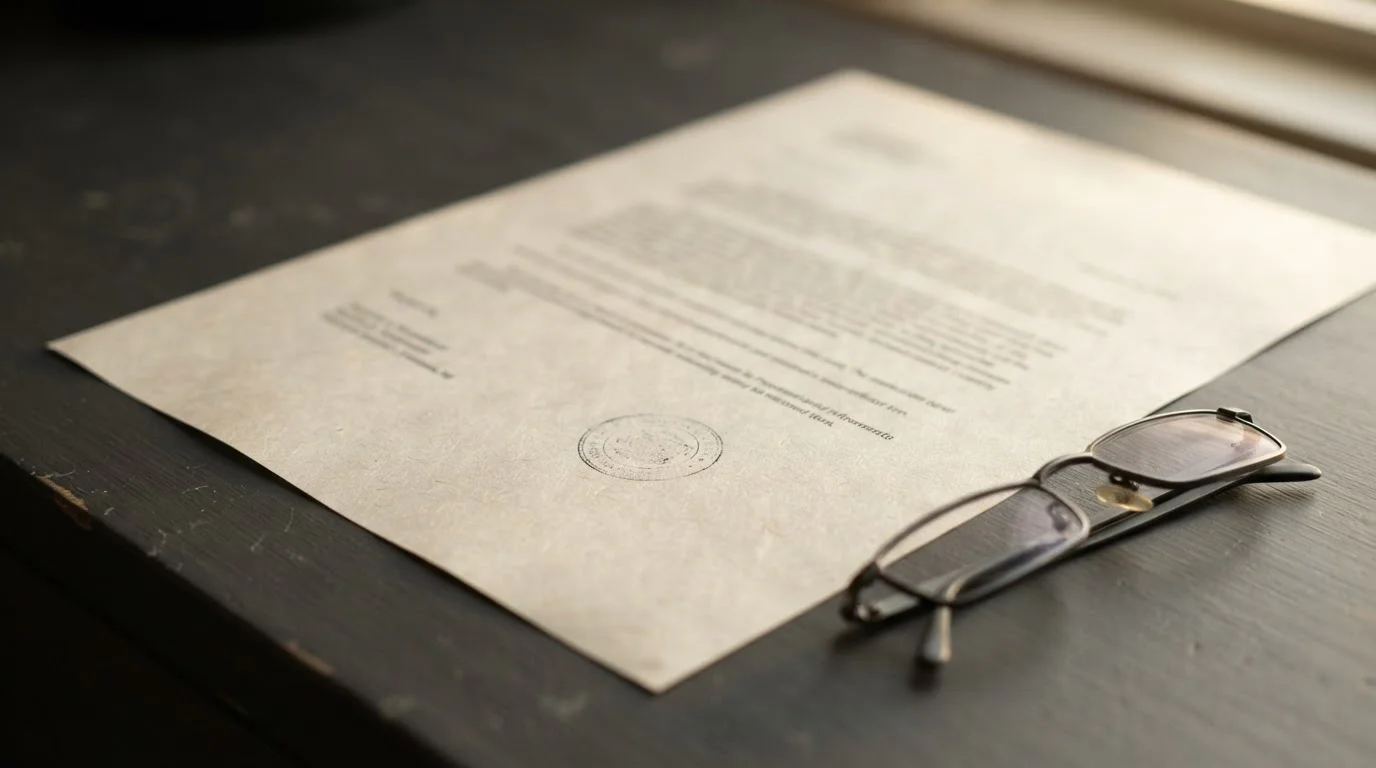 Plain licence document with an official stamp lying on a desk beside reading glasses