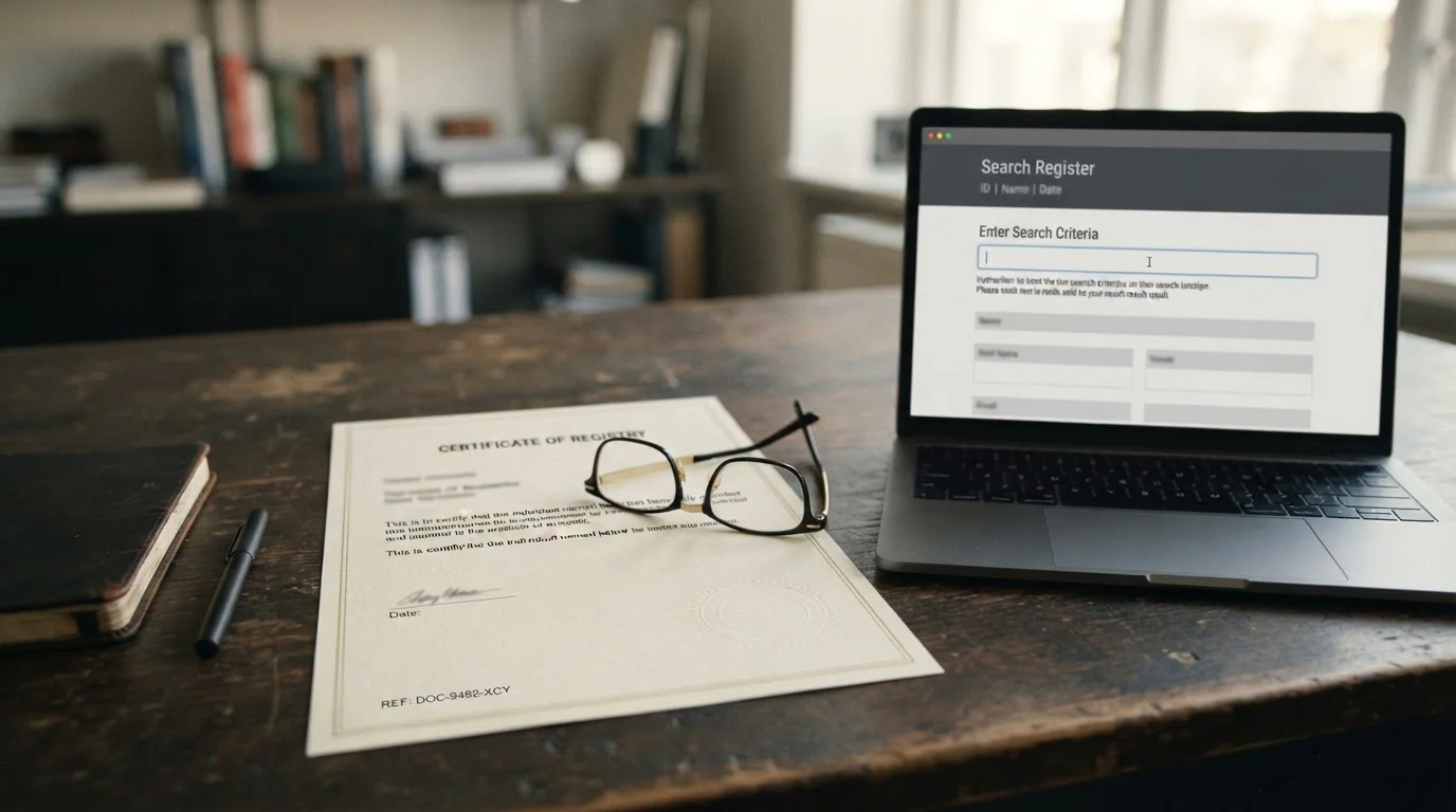 Neutral licence certificate with an official stamp on a desk next to a laptop showing a public register search