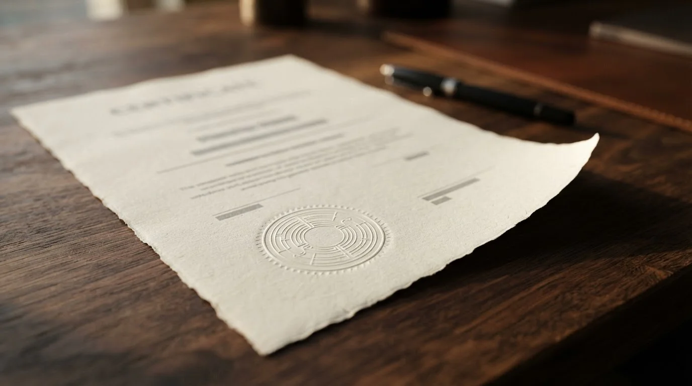 Plain licence certificate document with an embossed seal resting on a wooden desk