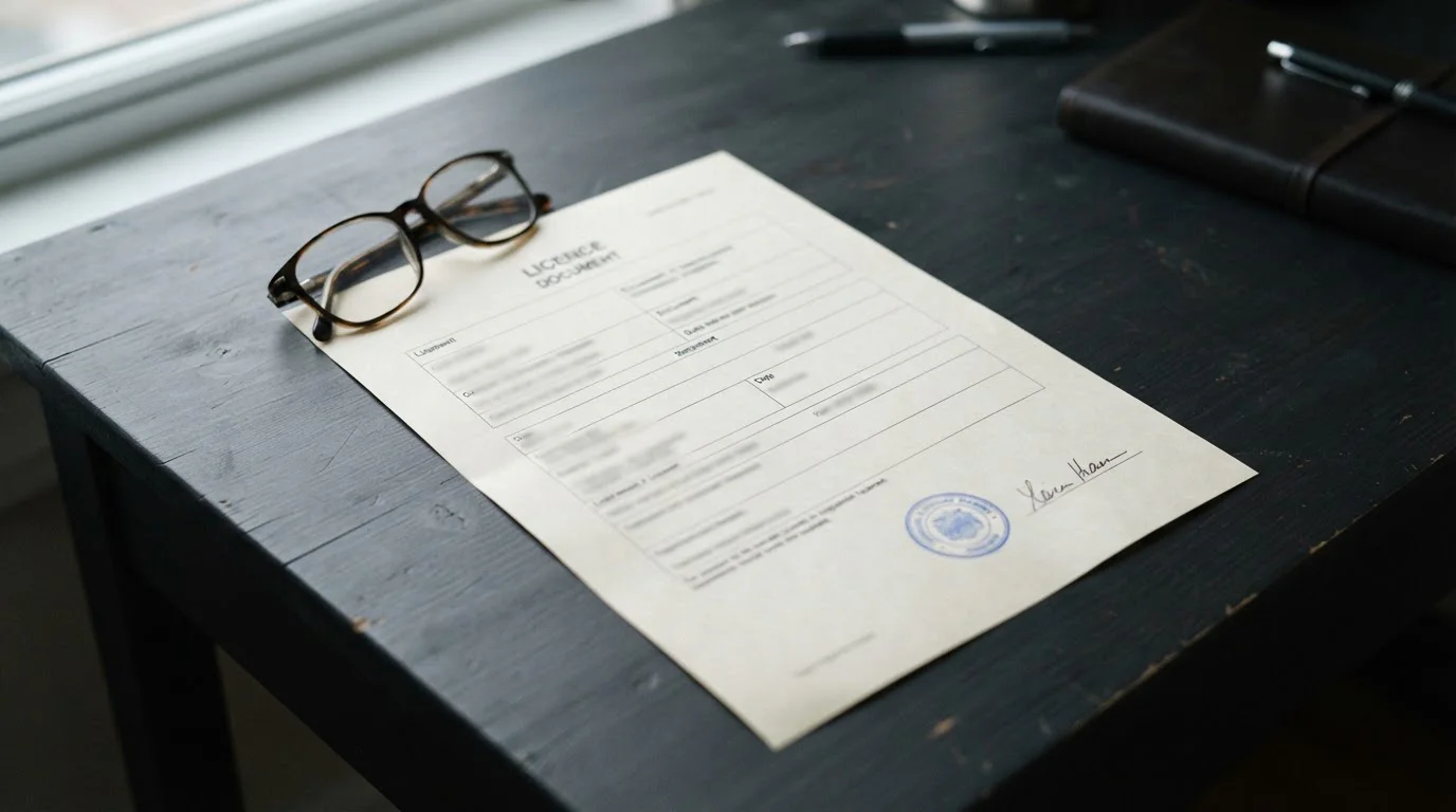 Plain licence document with an official stamp lying open on a desk, no crest or emblem visible