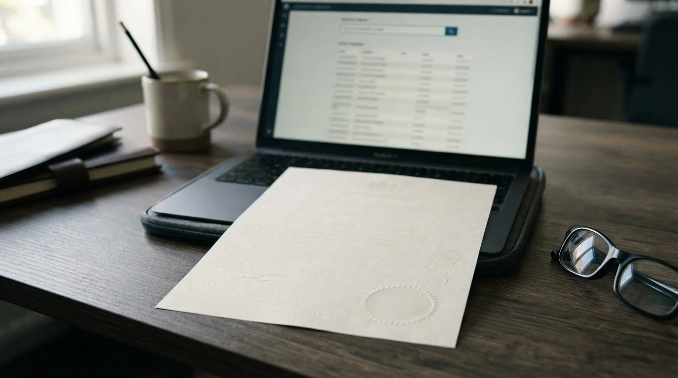 Neutral licence document on a desk beside a laptop showing a plain register page