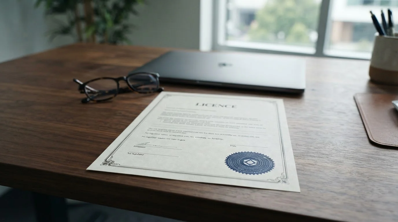 Printed licence document with an official stamp on a tidy office desk