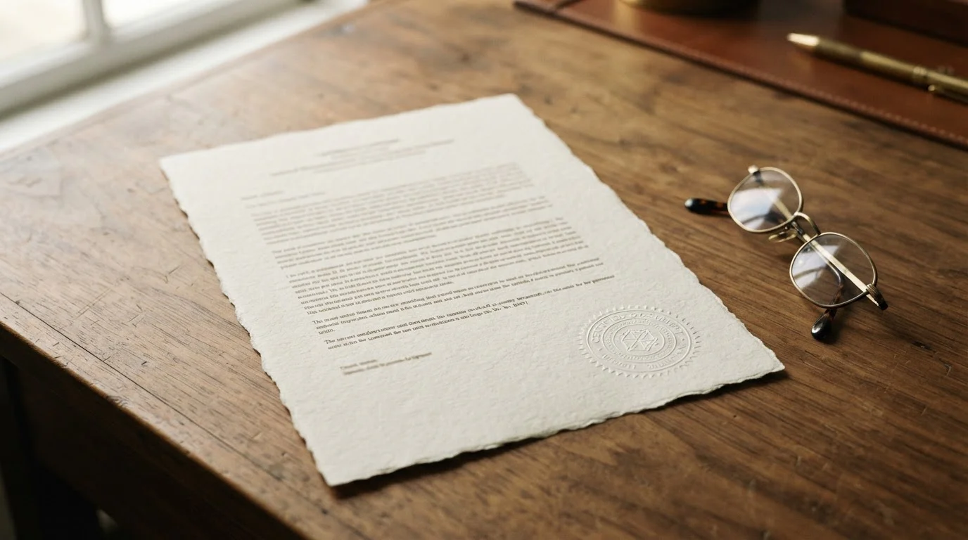 Neutral licence certificate with an official stamp lying on a wooden desk beside reading glasses