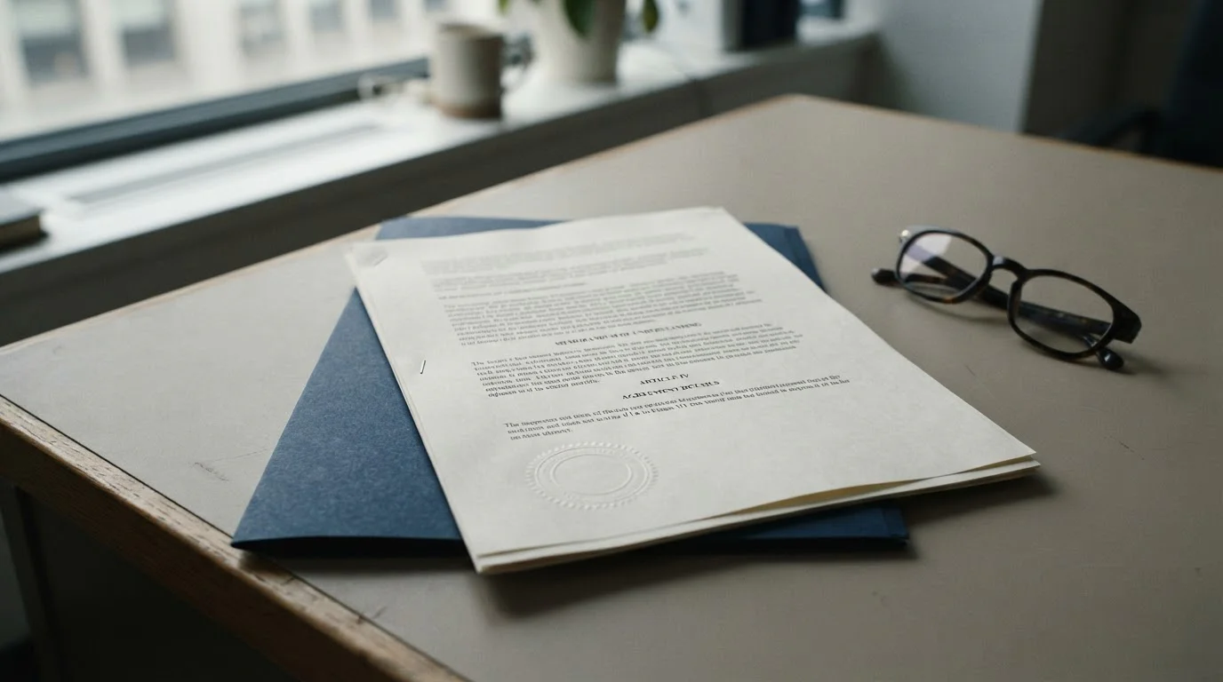 Printed legislation document with an official stamp on a plain office desk