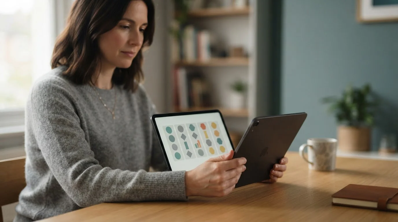 Generic reel symbols on a tablet screen held at a desk, no branding visible