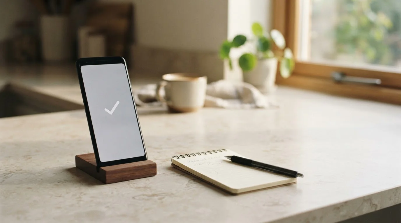 Smartphone showing an instant bank transfer confirmation beside a notepad on a kitchen bench