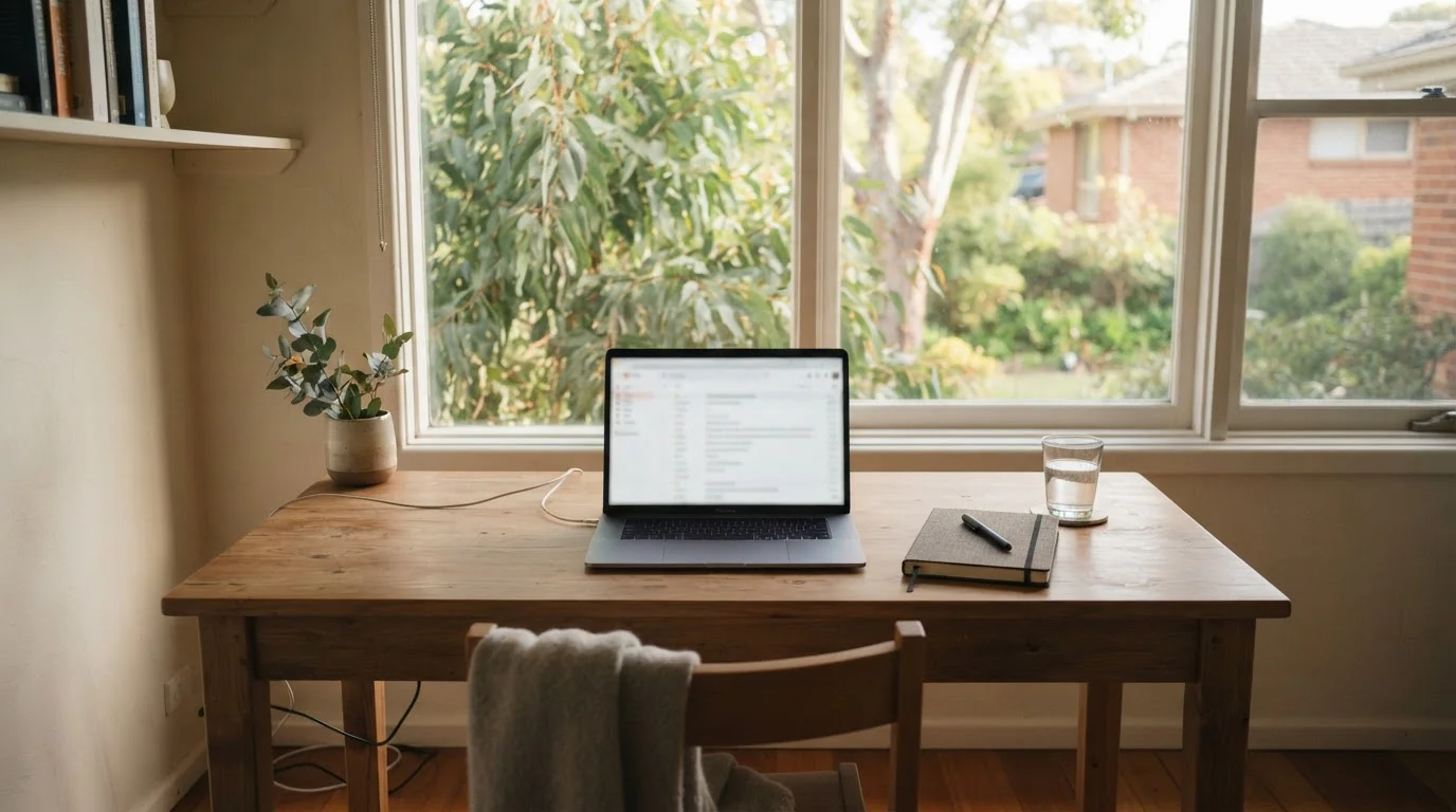 Quiet Australian home office desk with a laptop showing payment method options