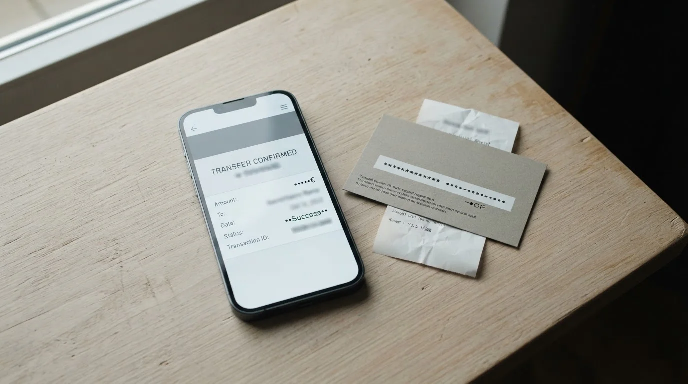 Smartphone showing a neutral banking transfer screen next to a prepaid voucher slip on a table