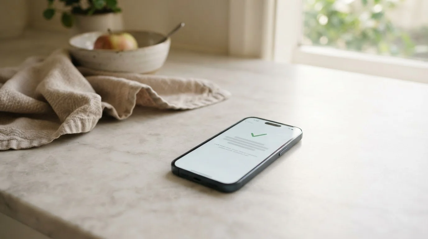 Smartphone on a kitchen bench showing a neutral bank transfer confirmation screen