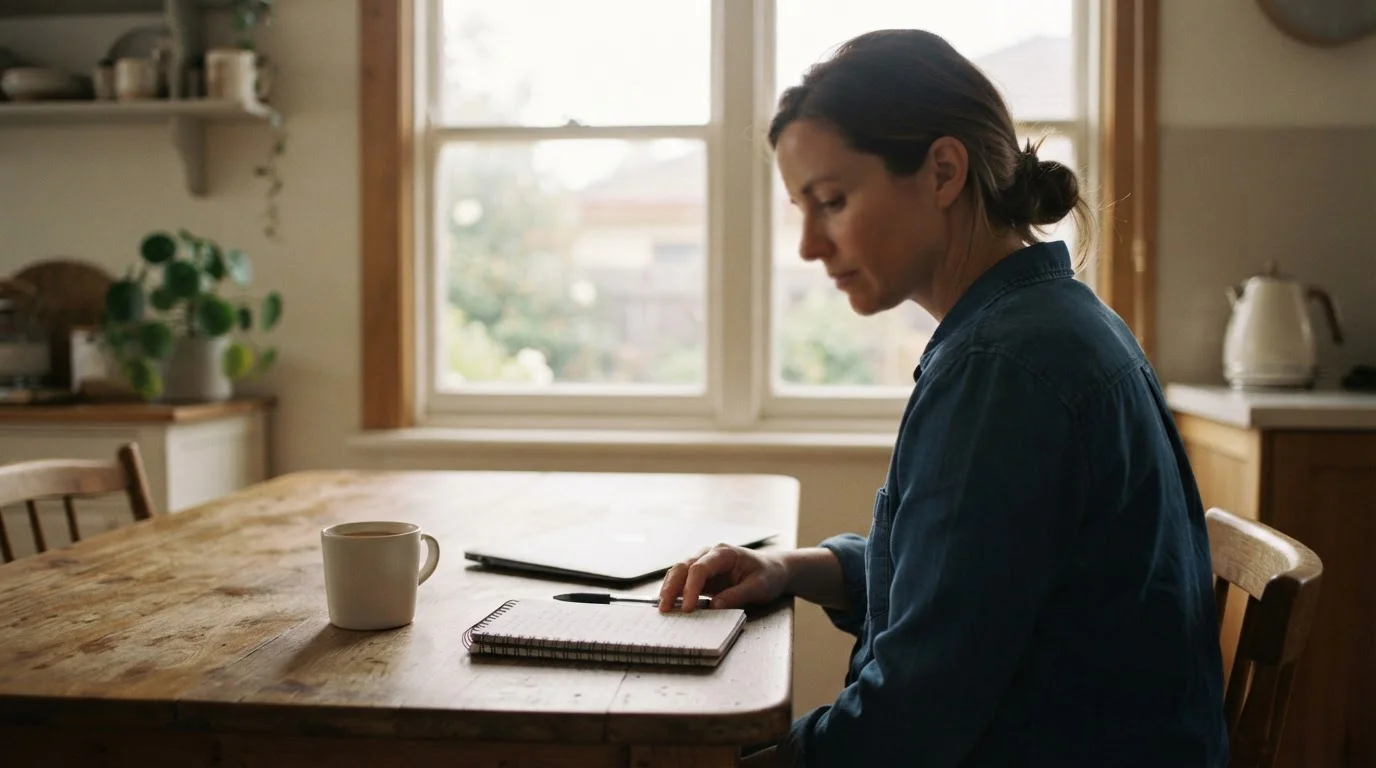 Person at a kitchen table reviewing notes beside a closed laptop