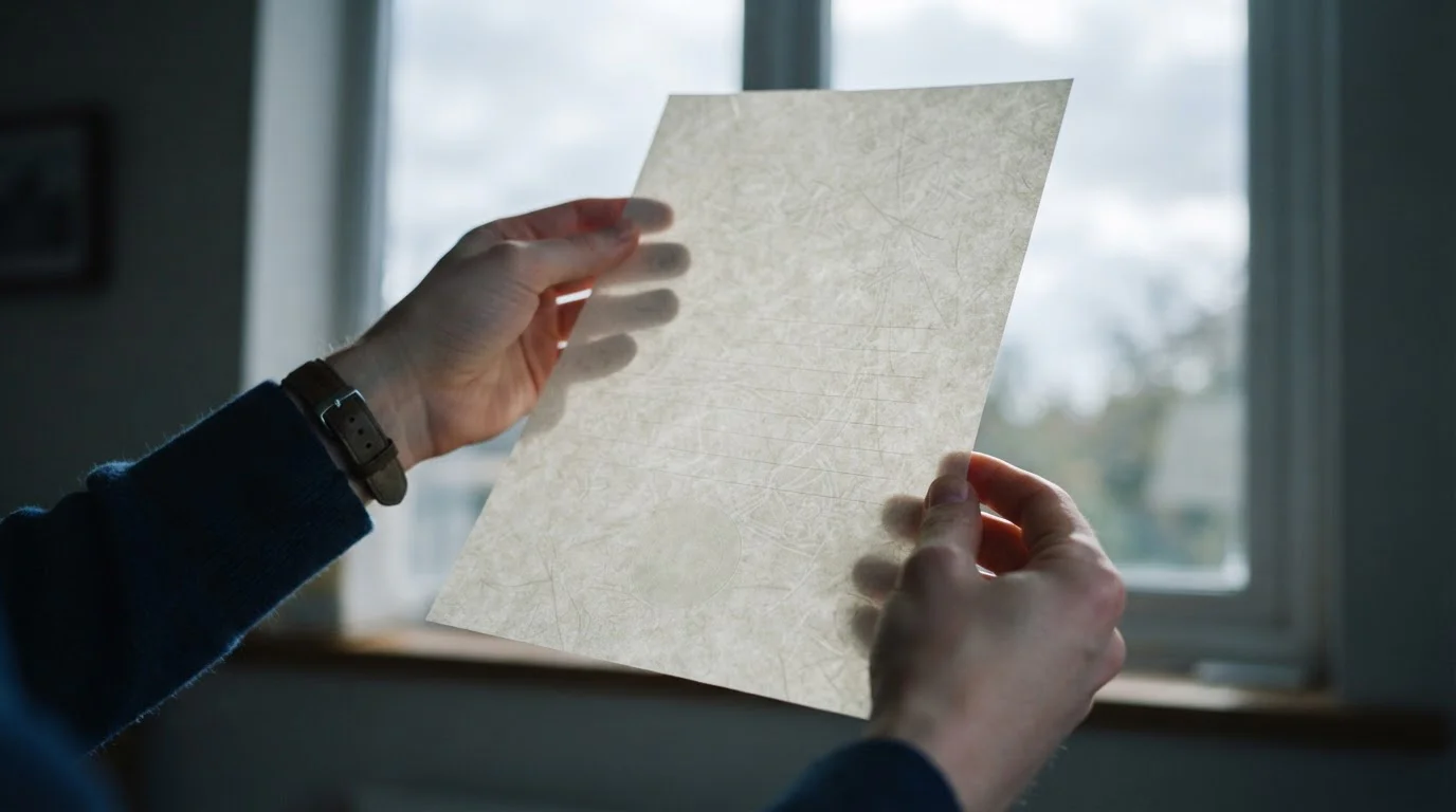 Neutral licence certificate page held up to the light without any crest or emblem visible