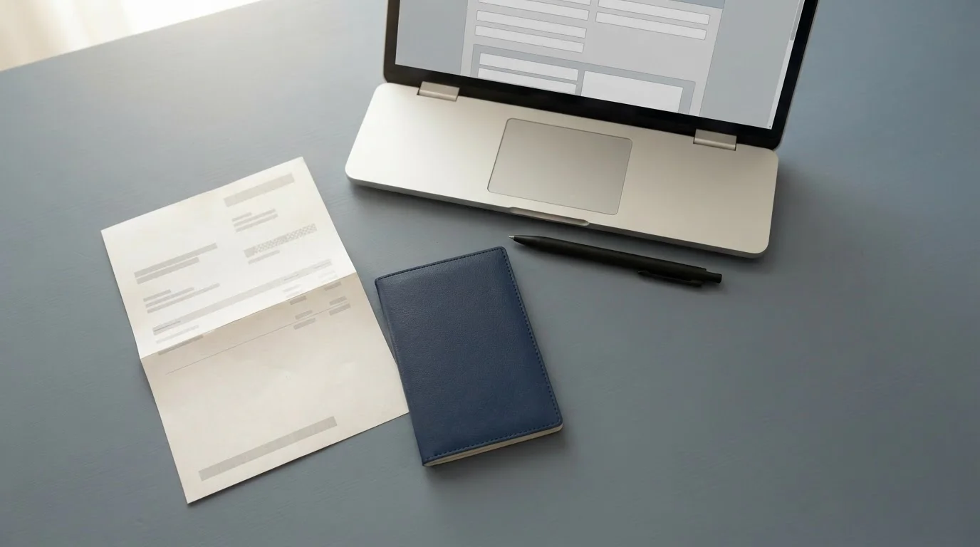 Passport and a utility bill laid flat beside a laptop showing a blank verification form