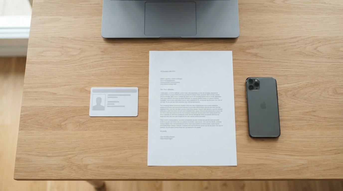 Identity documents and a proof of address letter laid out beside a laptop ready for verification upload