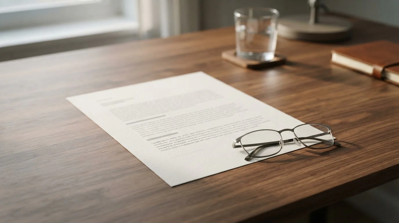 Plain regulatory document on a wooden desk with no crest, beside reading glasses