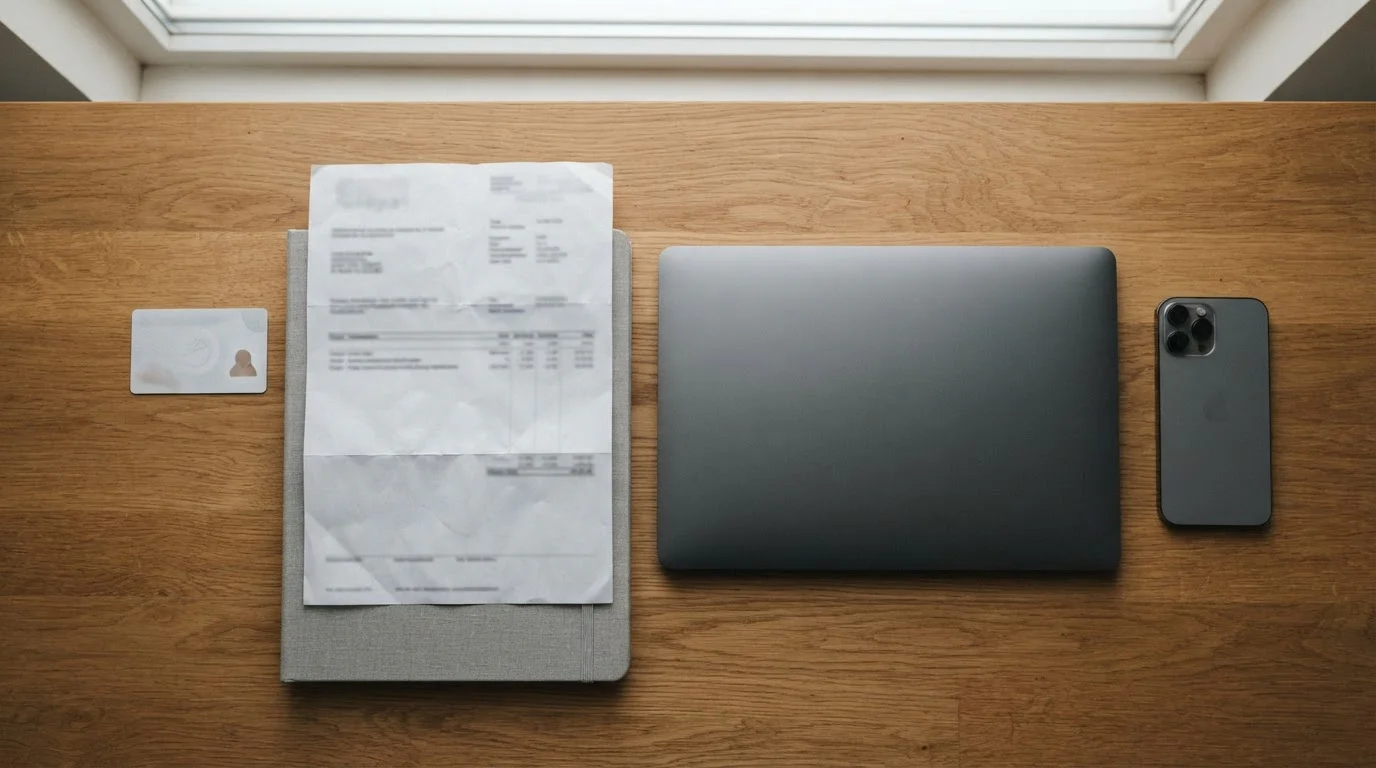 Identity document and a utility bill laid out beside a laptop ready for an account verification upload