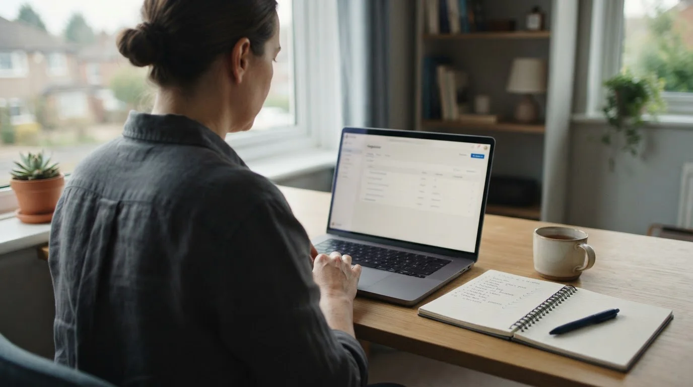 Person at a desk comparing shortlisted casino sites on a laptop with handwritten notes beside it
