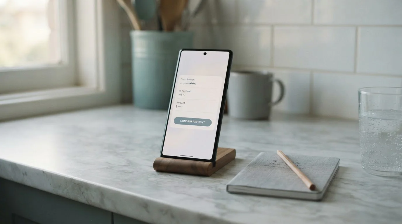Smartphone showing a neutral banking transfer screen next to a notepad on a kitchen bench