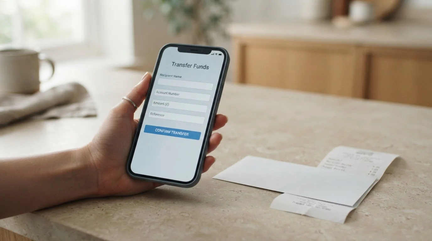 Smartphone showing a neutral Australian banking transfer screen next to a blank prepaid voucher slip