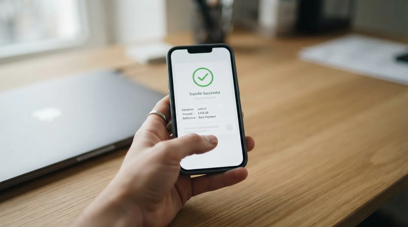 Banking app open on a phone showing an instant transfer confirmation screen