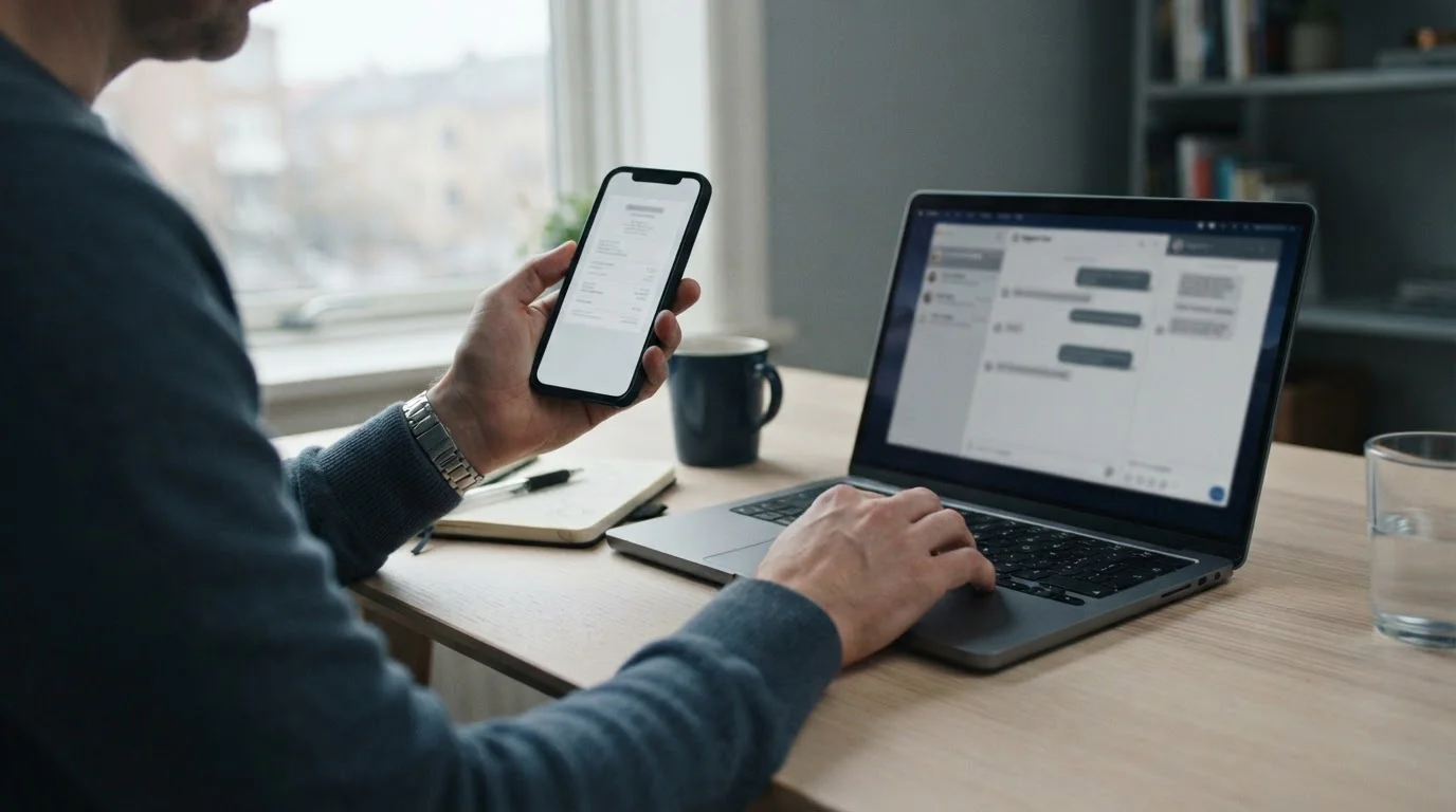 Person reviewing a transfer receipt on a phone while typing in a support chat window on a laptop