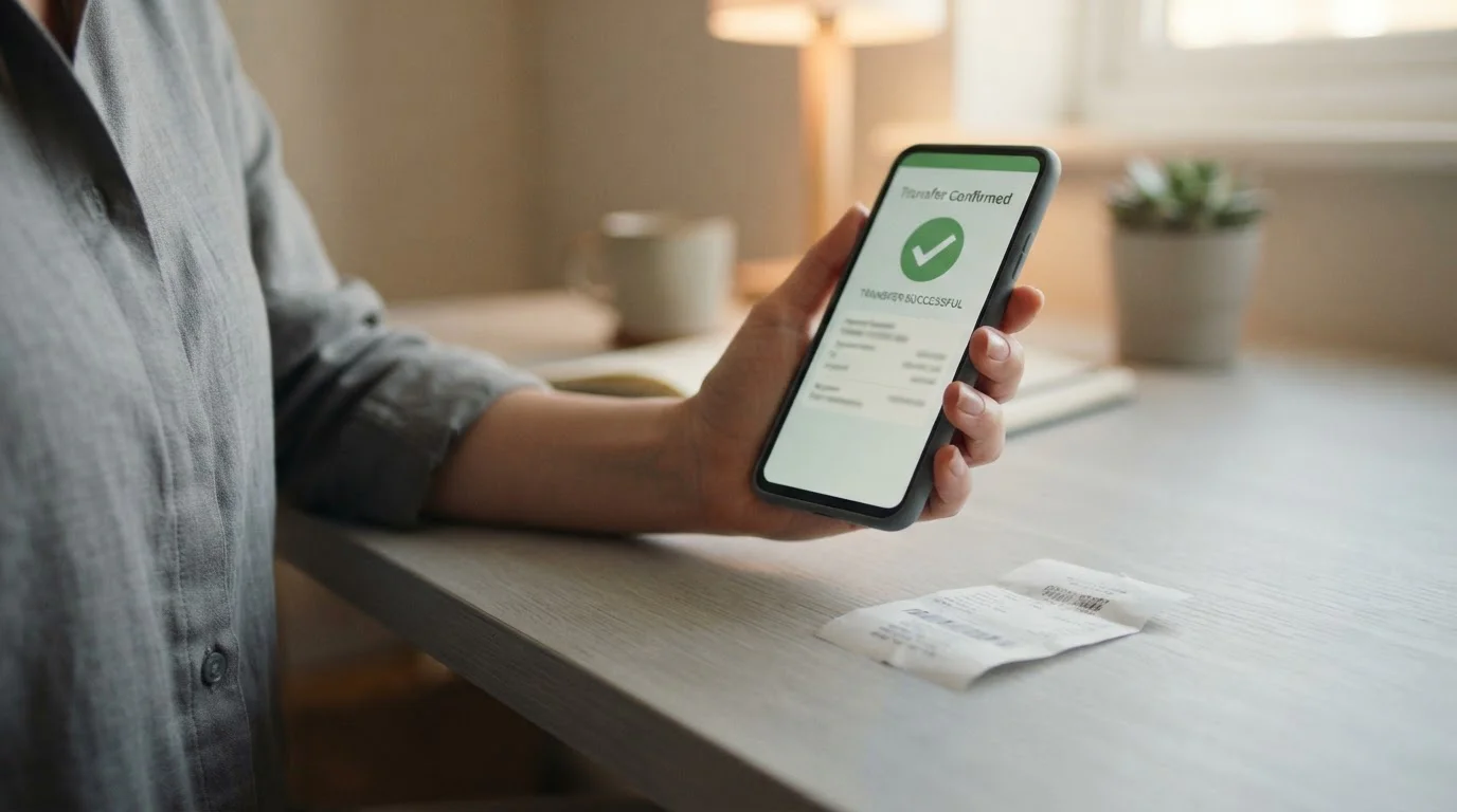 Phone showing a plain instant transfer confirmation screen next to a paper voucher slip