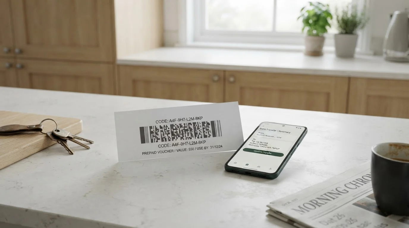 Prepaid voucher and a banking app open on a phone on a kitchen bench