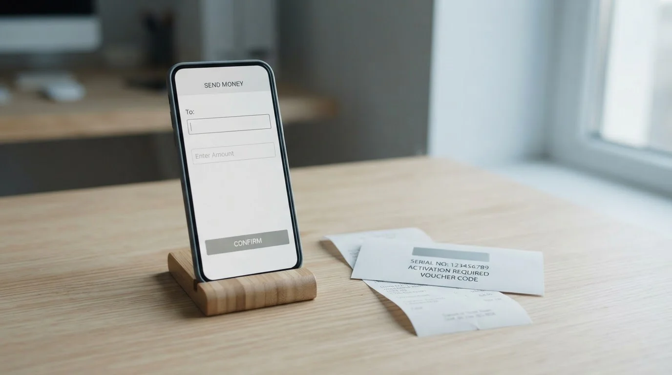 Smartphone banking app open on a transfer screen beside a prepaid voucher on a desk