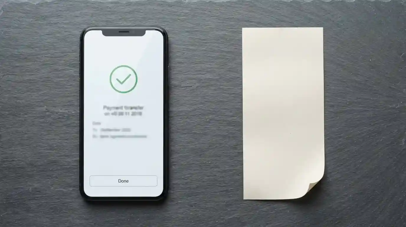 Smartphone showing a bank transfer confirmation screen next to a blank prepaid voucher slip