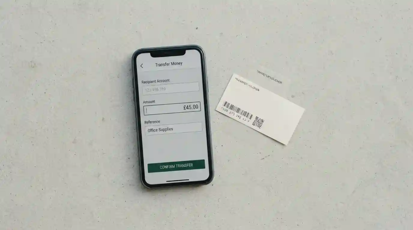 Banking app open on a phone next to a prepaid voucher slip