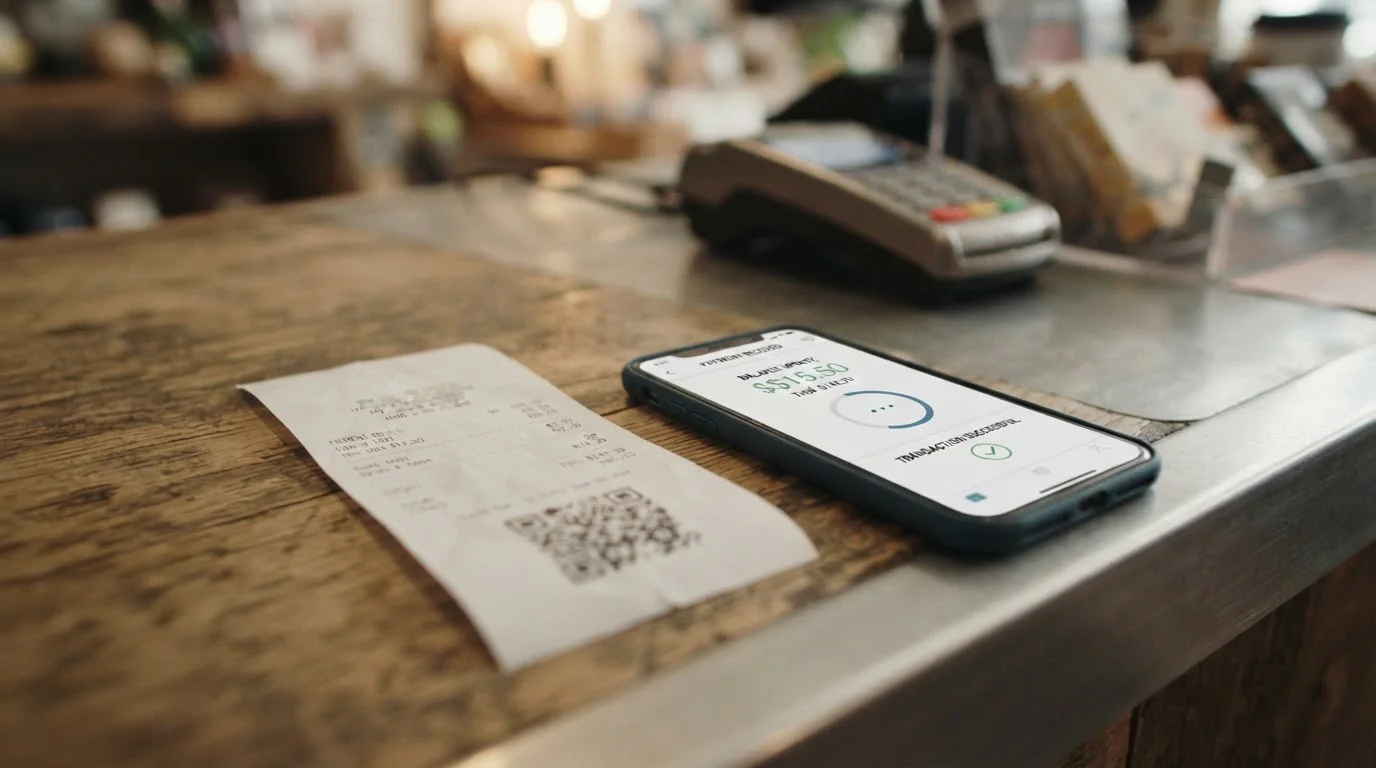 Prepaid voucher receipt and a smartphone banking app on a shop counter