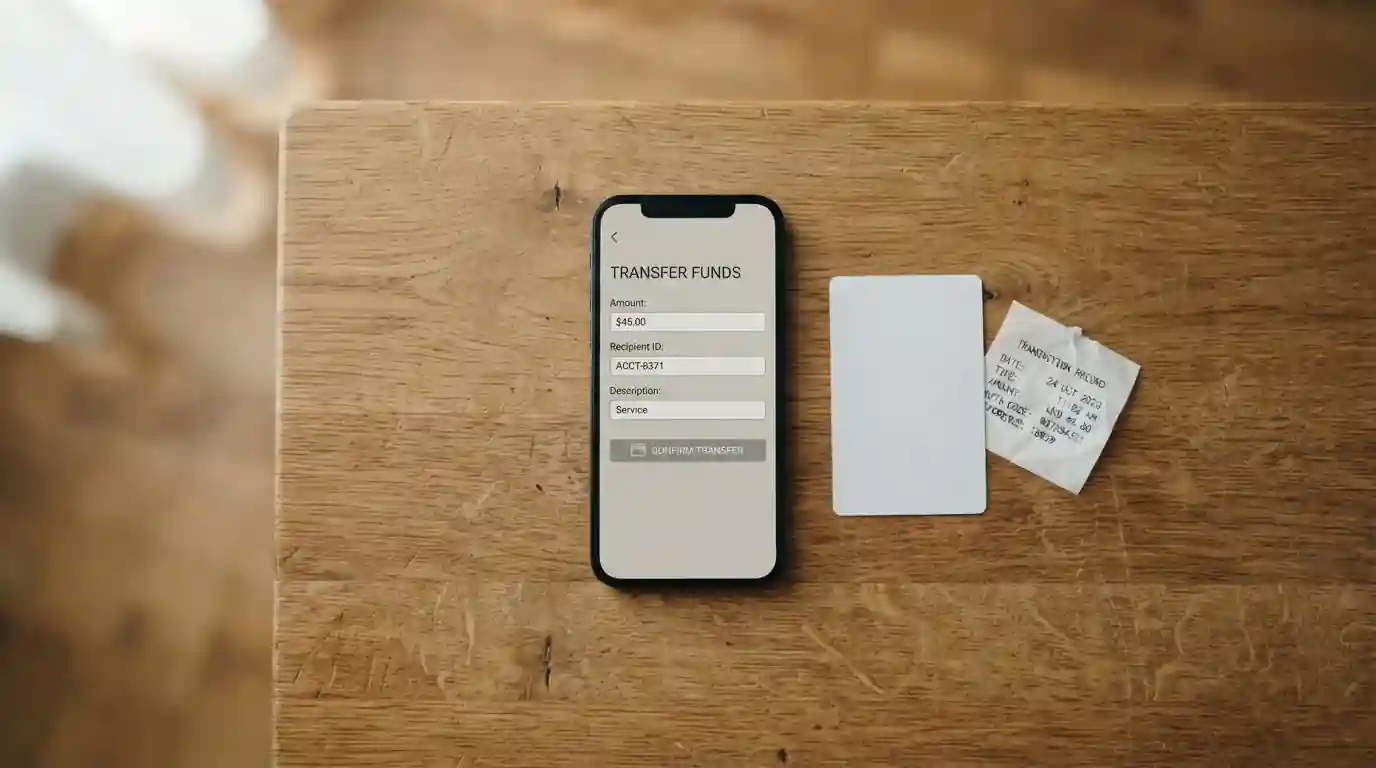 Smartphone banking app open next to a prepaid voucher card on a wooden table