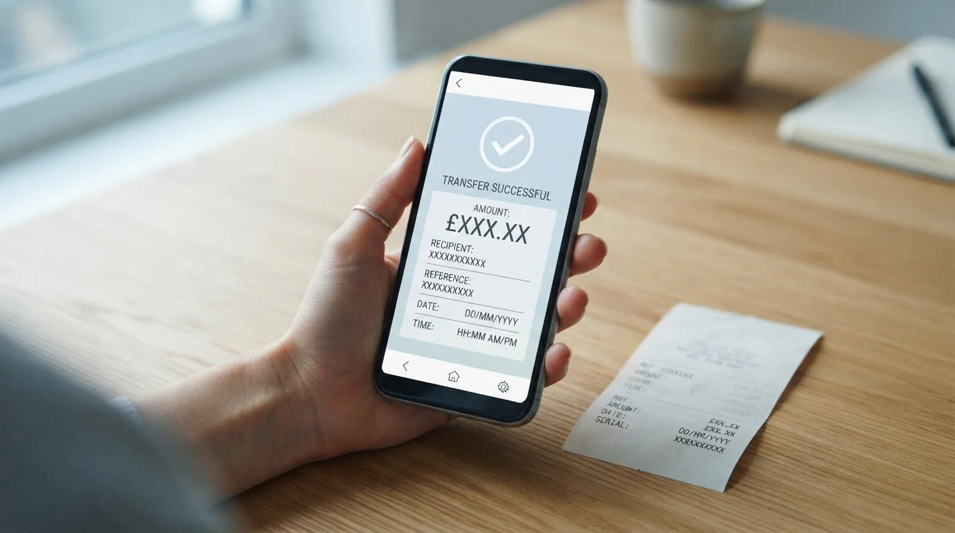 Smartphone showing a neutral banking transfer confirmation screen beside a prepaid voucher