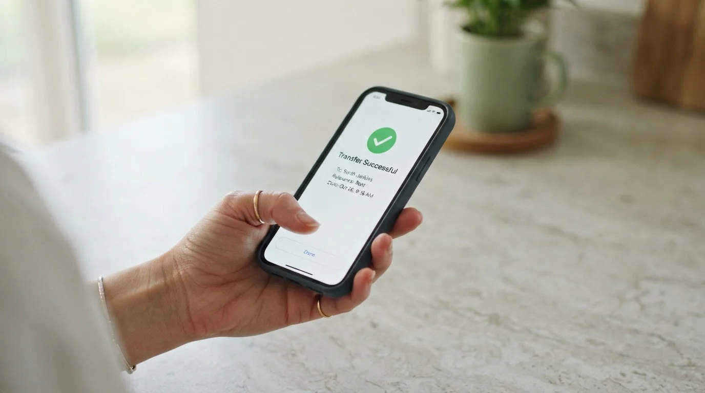 Smartphone displaying a mobile banking transfer confirmation screen held above a kitchen bench