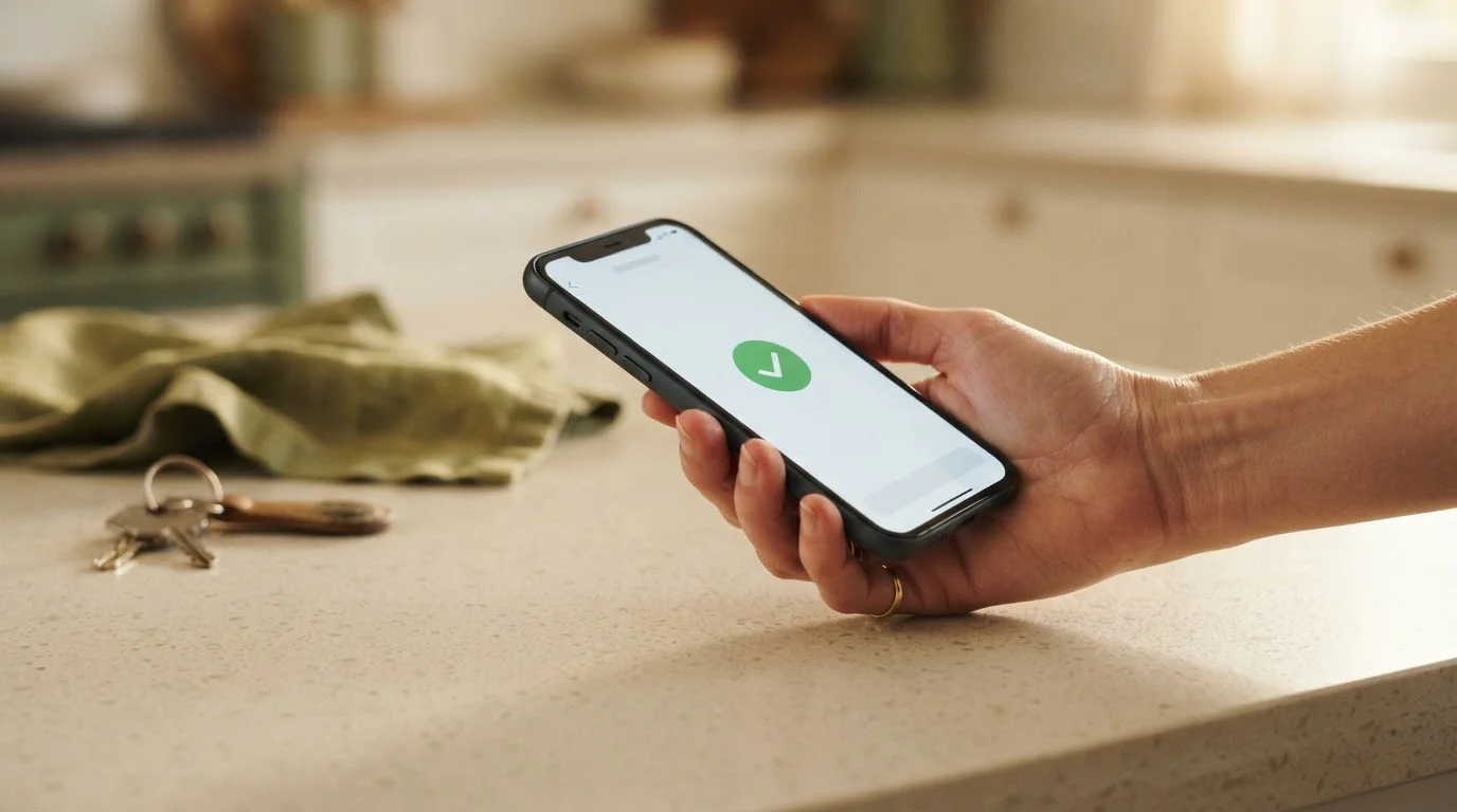 Smartphone displaying a neutral banking transfer confirmation screen on a kitchen bench