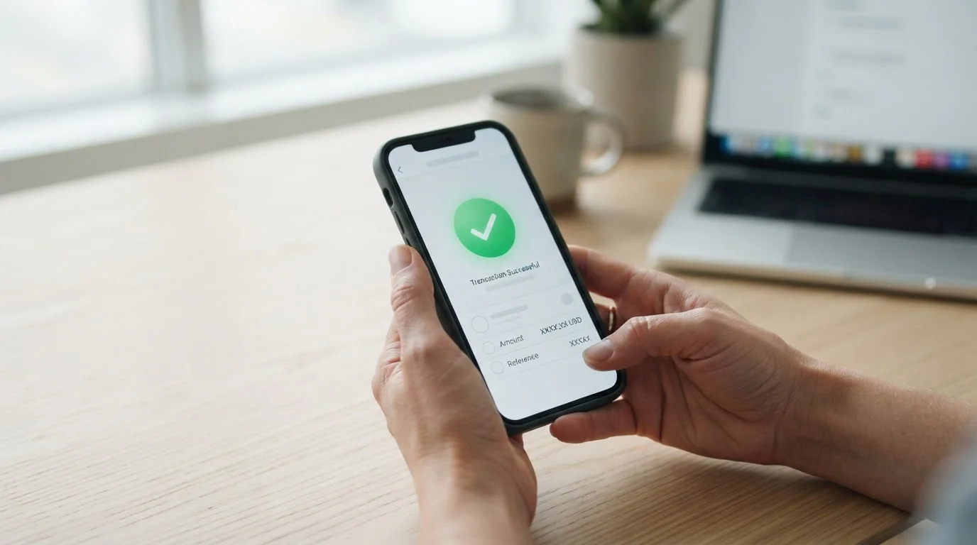 Smartphone banking app sending an instant transfer to a casino payment address