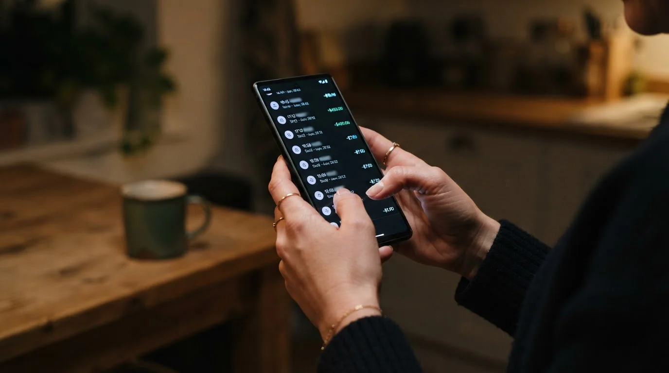 Hands holding a phone with a banking app transaction list, timestamps visible, no branding