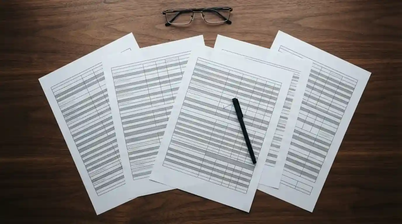 Printed comparison sheet of casino cashier pages spread across a desk with a pen resting on it