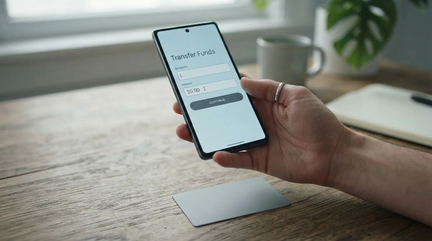 Smartphone showing a banking app transfer screen next to a prepaid voucher