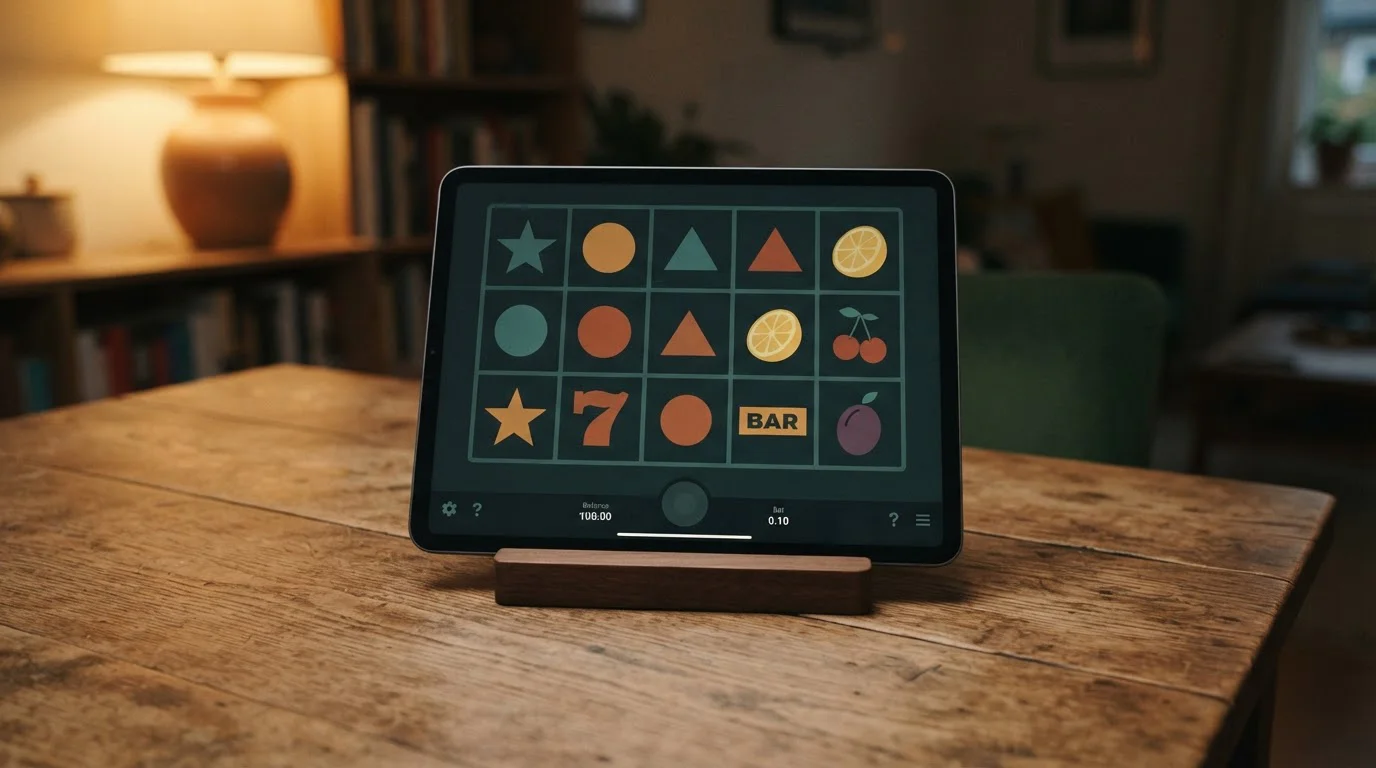 Generic slot reels with plain symbols displayed on a tablet screen on a wooden table