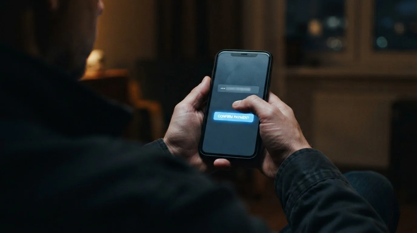 Person checking a payee name on a phone banking screen before authorising a transfer