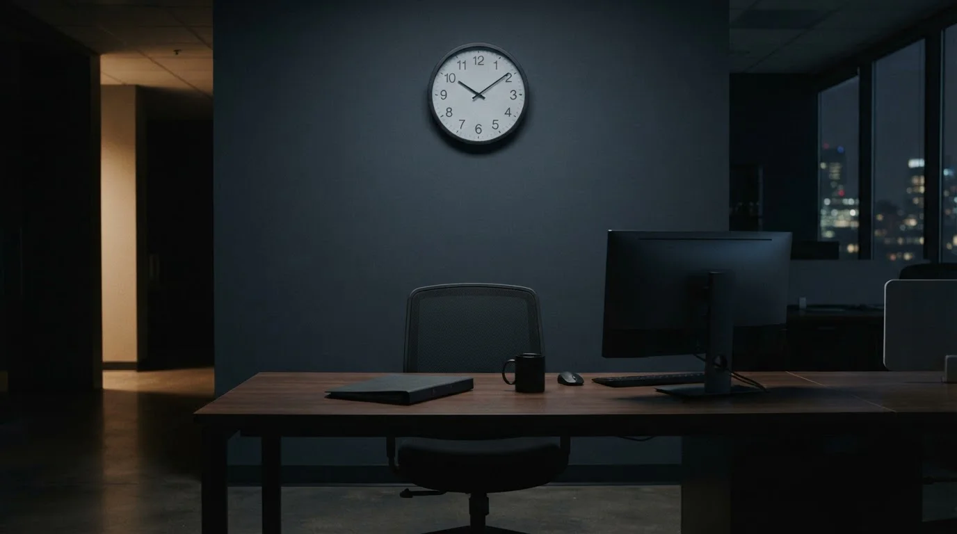 Wall clock above an empty desk in an office at night, screens dark, chair pushed in
