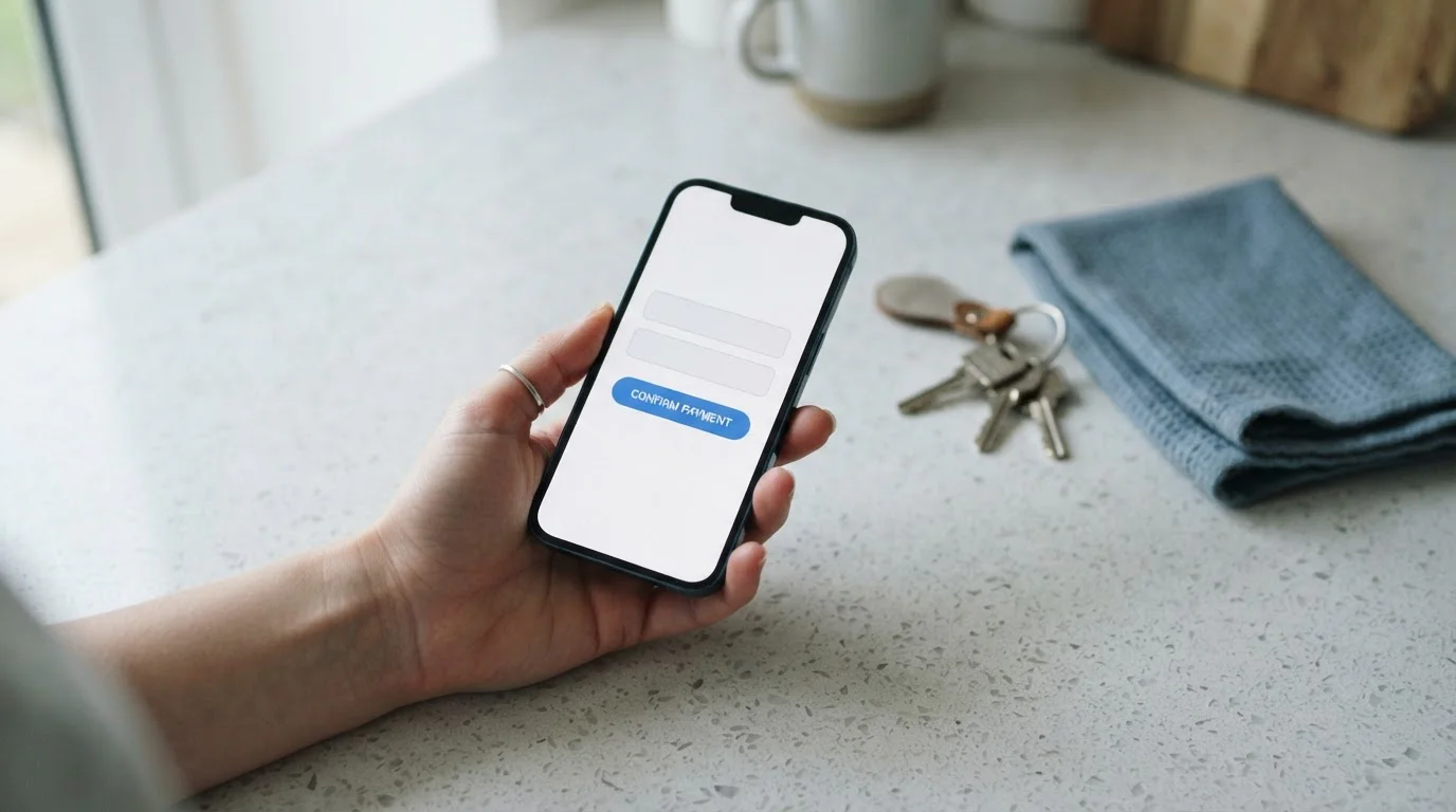Smartphone showing a neutral banking transfer screen on a kitchen bench