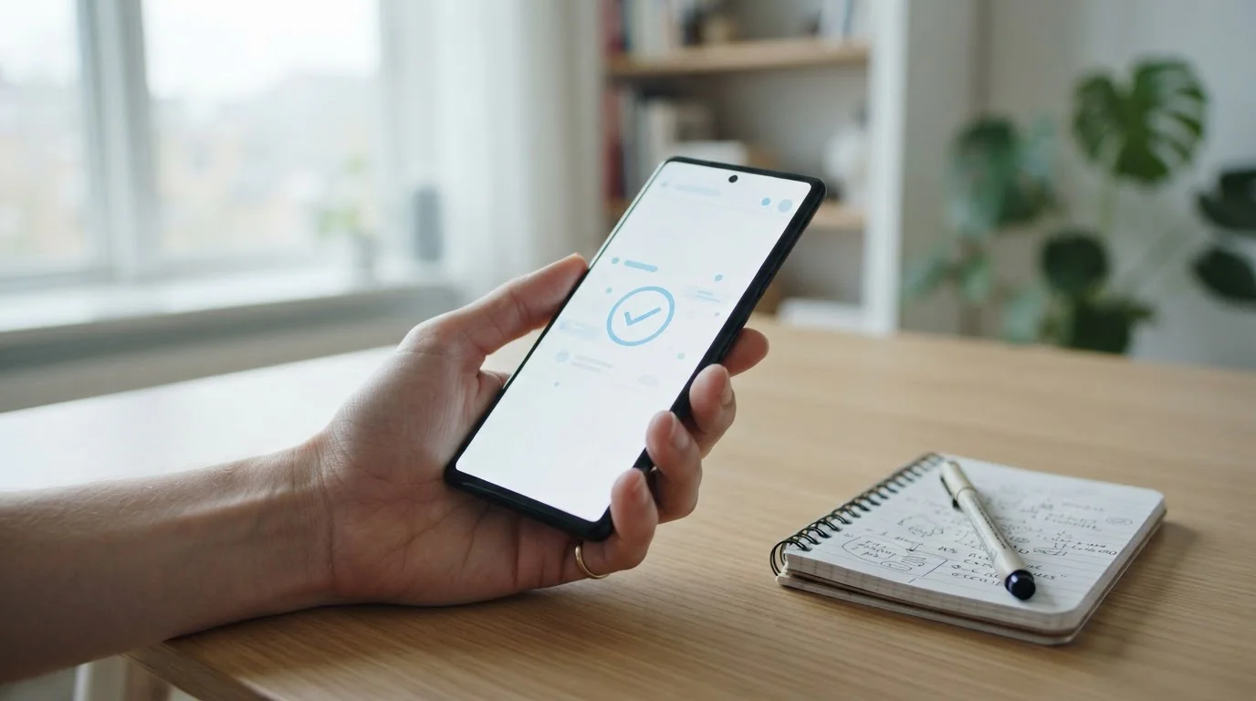 Smartphone showing a banking app transfer confirmation beside a notepad
