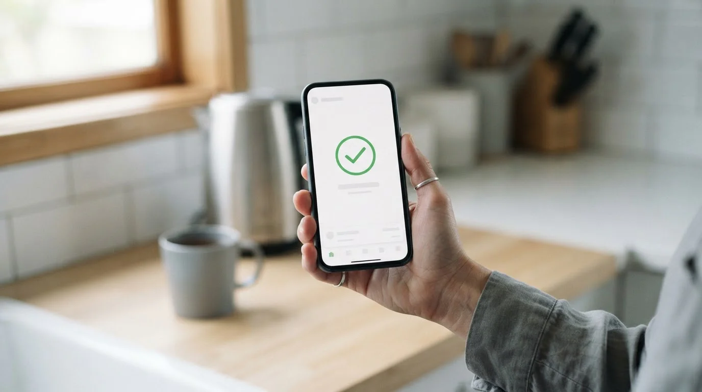 Smartphone banking app open on a transfer confirmation screen on a kitchen bench